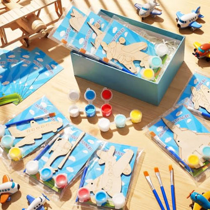 Saypacck 24 Pcs Airplane Party Favors Wooden Painting Craft Kits Birthday Party Supplies with Organza Bag for Goodie Bags Fillers Adult Thank You Gifts - style: Airplane