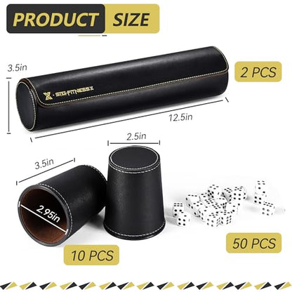 Leather Dice Cup Set, 5 Black Dice Cups + 25 Dices + Exclusive Storage and Transport Case Made of Faux Leather (Black x2) - color: 2 Pack Black