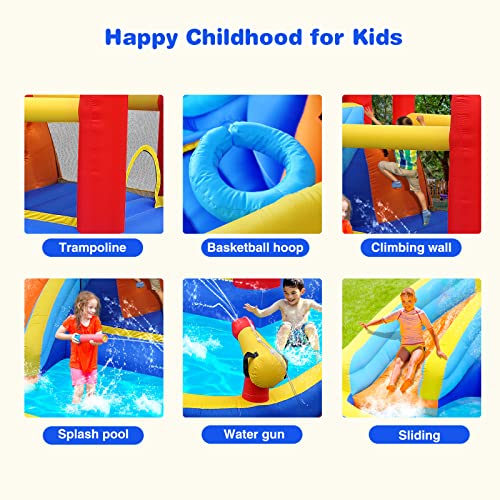 JOYLDIAS Inflatable Water Slide Bounce House,Slide Bouncer Castle Playhouse w/Splash Pool,Jump Area, Climbing Wall,Basketball Hoop,450W Air Blower for Kids Backyard Indoor Outdoor Use,Free Water Gun - color: 5 in 1