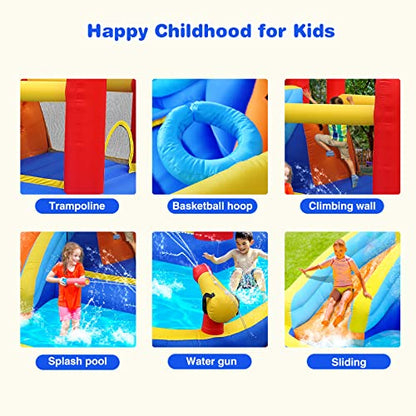 JOYLDIAS Inflatable Water Slide Bounce House,Slide Bouncer Castle Playhouse w/Splash Pool,Jump Area, Climbing Wall,Basketball Hoop,450W Air Blower for Kids Backyard Indoor Outdoor Use,Free Water Gun - color: 5 in 1