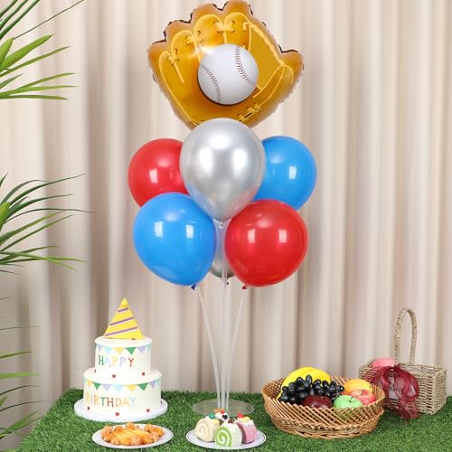 Baseball party Balloons Stand Kit 2 Sets with 2 Baseball Glove Foil Balloons Red Blue Silver Themed Party Balloon Centerpiece for Tables for Men Boys Game Sports Rookie Year 1st Birthday decorations - style: Baseball