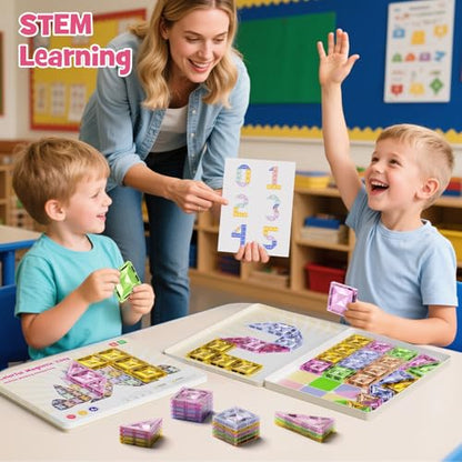 Magnetic Tiles for Kids Ages 4-8, Magnetic Blocks Travel Set with Diamond Surface & Metal Storage Box, 60PCS STEM Learning Toys, Educational Building Gifts for 3-8 Year Olds - style: Medium Magnetic Tiles - 60PCS