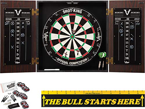 Viper by GLD Products Stadium Cabinet with Shot King Sisal Dartboard, Steel Tip Accessories Kit & The Bull Starts Here Throw Line Marker, Black