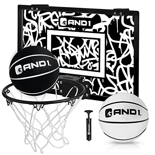 AND1 Over the Door Mini Basketball Hoop: 18x12 Shatterproof Backboard, 2 Mini Basketballs, and Hand Pump Included- Ultimate Indoor Basketball Accessory for Kids and Adults, No Tools Required - color: White, style: Mini Hoop / Two Balls