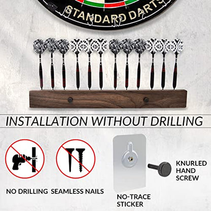 DIMBOI Walnut Wood Dart Holder Wall Mount Displays 4 Sets For A Total Of 12 Steel/Soft Tip Darts,With Darts Throw Line Marker