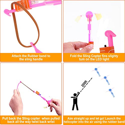 lpvoqpth 25 Sets LED Flying Set, 25 Slingshot+25 Glow Helicopter-50 Pcs, Flying Toy Outdoor Toys Glow in the Dark Party Supplies Party Favors for Kids 8-12,4-8