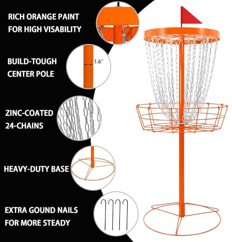 TARUMG Disc Golf Basket - Portable Disc Golf Target with Heavy Duty 24-Chains Come with Transit Bag and 3pcs Disc Golf Discs, Ground Stake -Suitable for Players of All Levels - Multi Color Available - style: Plus Orange