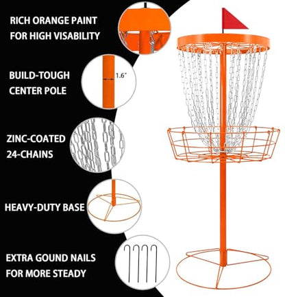 TARUMG Disc Golf Basket - Portable Disc Golf Target with Heavy Duty 24-Chains Come with Transit Bag and 3pcs Disc Golf Discs, Ground Stake -Suitable for Players of All Levels - Multi Color Available - style: Plus Orange