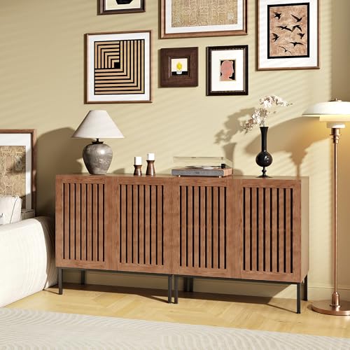 BVIUNTWO Modern Storage Cabinet with Slatted Doors,Sideboard Buffet Cabinet with Adjustable Shelf and Metal Legs for Kitchen,Dining Room,Living Room,63 Inch,Brown - size: 63 Inch
