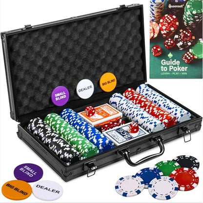 Queensell Poker Set with 300 Professional Weight Poker Chips for Texas Holdem – Poker Chip Set with Aluminum Carrying Case, Playing Cards, Dealer Buttons & Dice