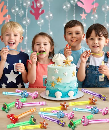 Winrayk Under the Sea Party Favors, 24Pcs Self-designed Mini Bubble Wands for Kids Ocean Animals Bubbles Bulk & Detachable Topper (6 Styles), Birthday Gift Pinata Goodie Bag Stuffer Classroom Prizes - style: Ocean Animal