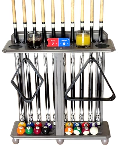 Premium Solid Hardwood Pool Cue Stick Holder Floor Standing - Wooden Billiard Rack forTen Cues and Full Table Accessories, Elegant Durable Storage for Game Room - color: Light Gray