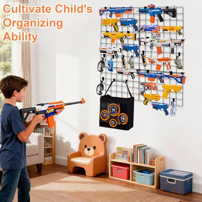 Wall Mount Toy Gun Storage Organizer,Organizer for Toy Guns with Shooting Practice Target Toys Storage Bag and Hooks,Toys Gun Holder Gun Rack for Foam Blasters Guns Accessories Game Room