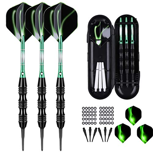 Professional Soft Tip Darts Set 20 Grams - 50 Rubber O-Rings + 30 Darts Plastic Tip + Aluminum Shafts + 6 Standard Flights + Portable Case for Electronic Dart Board - color: GREEN