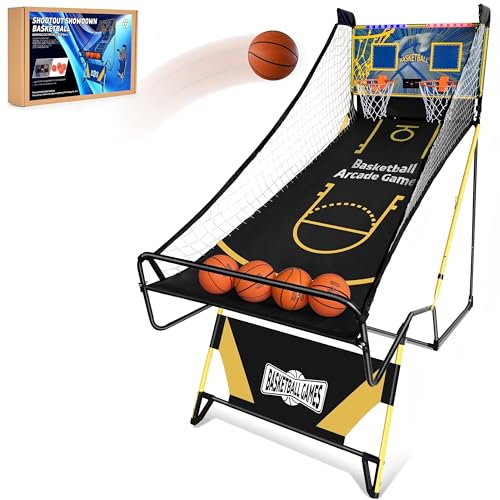 Small Arcade Basketball Game,Foldable Indoor Dual Basketball Scoring System with Sound Effects,Pump and Dual HoopsGame Modes for Family Game
