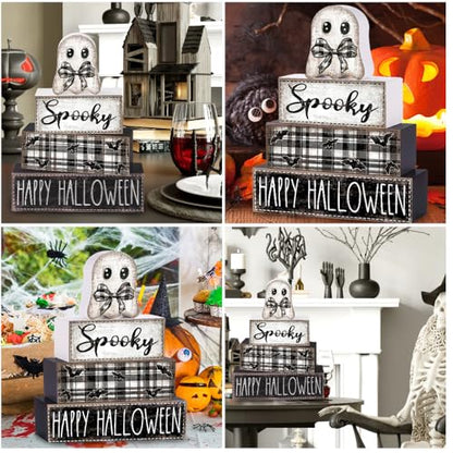 DIYDEC 4Pcs Halloween Table Decoration Happy Halloween Wooden Block Sign Ghost Rustic Tiered Tray Decor Centerpiece Sign for Farmhouse Holiday Tabletop Coffee Fireplace Shelf Desk Party Decor - style: Ghost