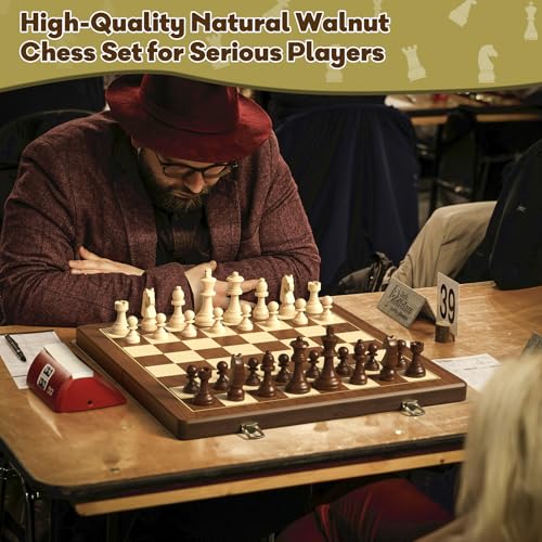Premium Natural Walnut 15" Magnetic Wooden Folding Chess & Checkers Set- 2 in 1 Board Game with 3" King Staunton Pieces and 2 Extra Queens, Checkers, and Dust-Proof Storage Bag (Black) - color: Black
