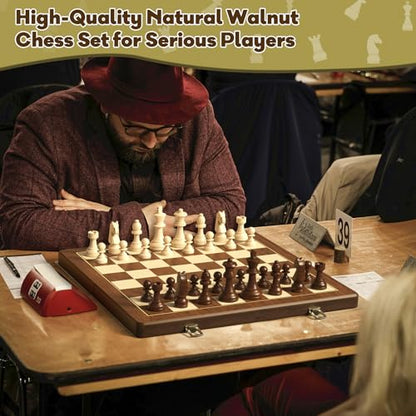 Premium Natural Walnut 15" Magnetic Wooden Folding Chess & Checkers Set- 2 in 1 Board Game with 3" King Staunton Pieces and 2 Extra Queens, Checkers, and Dust-Proof Storage Bag (Red) - color: Red