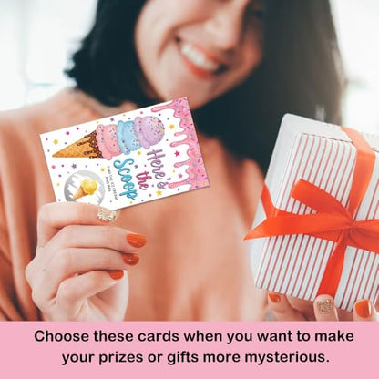 50 Pcs Here's The Scoop Summer Themed Scratch off Game Cards, Ice Cream Scratch Card for Baby Shower Sweet Birthday Party, Gender Reveal Shower Lottery Activity Group Games - color: Pink Purple