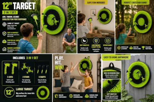 Leeray 3-in-1 Bristle Target Board Game – Axe Throwing Game for Backyard with Throwing Axes, Soft Tip Darts, and Ninja Stars – Safe Outdoor Games & Kids Toys for Ages 6+