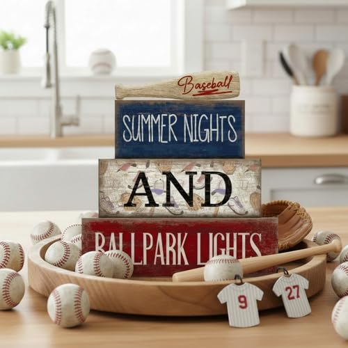 Lineshading 4 Pcs Baseball Decorations Stacked Wooden Blocks Signs with Bat Topper, Summer Nights Ballpark Lights Decor - Baseball Table Decor Ideal Gift for Fans Boys Room Party Coffee Shelf - style: Summer Nights and Ballpark Lights