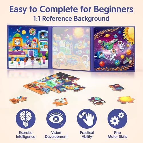 SYNARRY Magnetic Puzzles for Toddlers 3-5, Space Planets Solar System Travel Puzzles for Kids Ages 4-6, Easter Basket Stuffers Gifts for Kids, Car Airplane Road Trip Activities Magnet Games Toy - style: Space