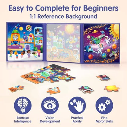 SYNARRY Magnetic Puzzles for Toddlers 3-5, Space Planets Solar System Travel Puzzles for Kids Ages 4-6, Easter Basket Stuffers Gifts for Kids, Car Airplane Road Trip Activities Magnet Games Toy - style: Space