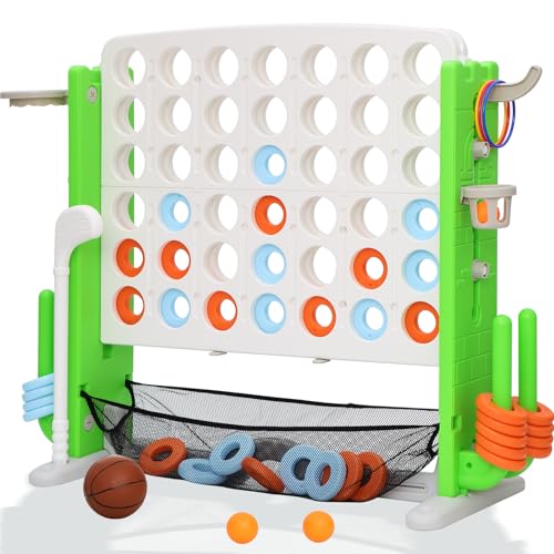 Giant 4-in-A Row Connect Game Set, Height Adjust Jumbo Yard Game for Kids & Adults w/Mesh Catching Bag, Basketball Hoop, Ring Toss & Mini Golf, Family Party 4-to-Score Indoor/Outdoor Games - color: White Green