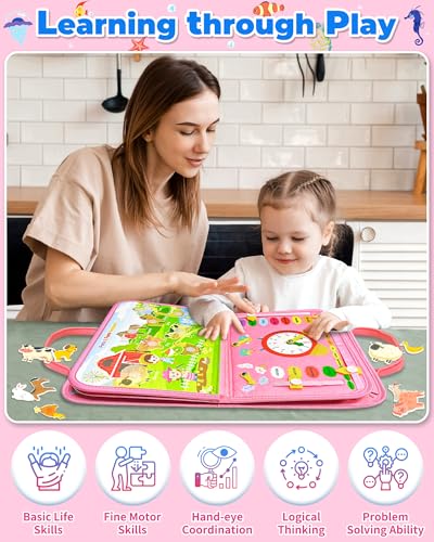 Gojmzo Busy Board Montessori Toys for Toddler Girl Birthday Gifts, Busy Book Sensory Toys for Toddlers, Learning Educational Toddler Travel Activities - style: Pink/P8