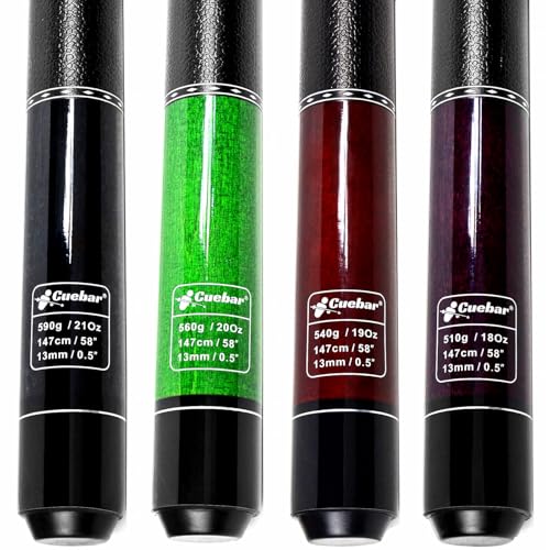 Set of 4 58" 2-Piece Pool Cue Sticks - 4 Distinct Colors, 18-21Oz | Weights 18,19,20,21 oz. Imitation leather grip. For adults/men/women, house bar/league play, or self-use/gift - color: Purple+Red+Green+Black