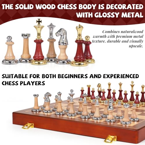 Large Wooden Chess Set with Metal & Wooden Chess Pieces, Luxury 17 Inch Chess Board Game with 2 Extra Queens, Premium Classic Strategy Board Game for Adults, Kids, Beginners & Gift Lovers