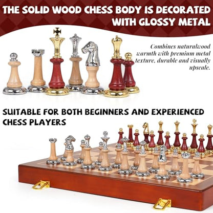 Large Wooden Chess Set with Metal & Wooden Chess Pieces, Luxury 17 Inch Chess Board Game with 2 Extra Queens, Premium Classic Strategy Board Game for Adults, Kids, Beginners & Gift Lovers