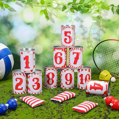 13 Pcs Carnival Can Game Bean Bag Toss Carnival Games with 10 Tin Cans and 3 Bean Bag for Easter Outdoor Family Party Birthday Indoors Outdoors Activities - style: Classic Style