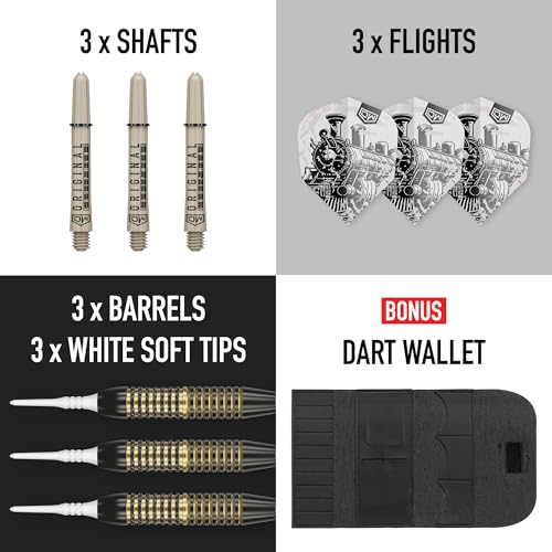 DW Ironhorse Brass Soft Tip Darts, 18G / 20G | Pixel Tip Dart Set with Storage Case Wallet, Black & Gold Darts, Plastic Tips, Professional Darts Accessories