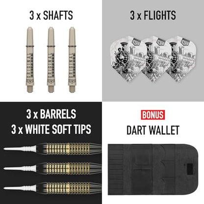 DW Ironhorse Brass Soft Tip Darts, 18G / 20G | Pixel Tip Dart Set with Storage Case Wallet, Black & Gold Darts, Plastic Tips, Professional Darts Accessories