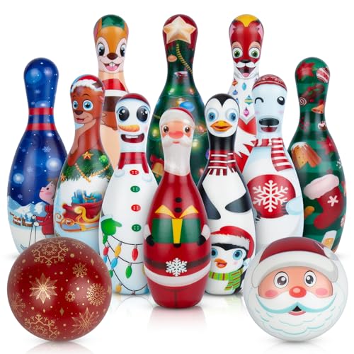 Christmas Bowling Set for Kids Toddler Party Supplies, Christmas Bowling Game for Kids Bowling Pins Bowling Balls for Family Indoor Outdoor Party Games Kids Party Decor, Winter Holiday Games for Kids - style: Style B