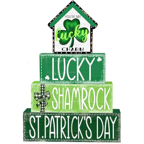 DIYDEC 4Pcs St.Patrick's Day Table Decoration Shamrocks House Wooden Block Signs Rustic St. Patrick Tiered Tray Decor Happy St.Patrick's Day Centerpiece Sign for Farmhouse Holiday Tabletop Party Decor - style: St.Patrick's Day House