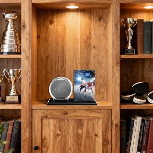 DoubleFill Acrylic Hockey Puck Display Case for Ball and Cards Clear Ball Holder Ring Stand Set Hockey Puck Centerpieces Protector Memorabilia Showcase