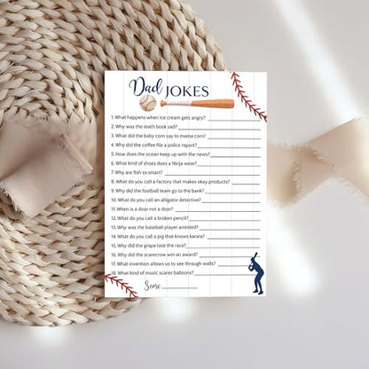 DAD JOKES Boy Baby Shower Games, BASEBALL Theme Daddy Jokes Shower Trivia — Pack of 25 — Blue, Fun Dad Joke Game, Sport, Little Slugger Theme, Funny Game, Sprinkle, Sports Birthday Activity G900-DJK
