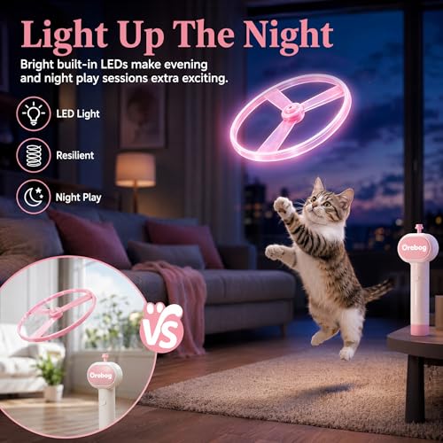 Cat Fetch Toy Launcher,Flying Disc Launcher Toy Rechargeable with 6 Flying Discs and 8 Coil Spring Toys,Flying Cat Toy Disc Launcher for Kitten Dog Playing Interactive Hunting Tracking Toys,Pink - color: Pink