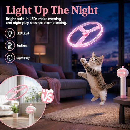 Cat Fetch Toy Launcher,Flying Disc Launcher Toy Rechargeable with 6 Flying Discs and 8 Coil Spring Toys,Flying Cat Toy Disc Launcher for Kitten Dog Playing Interactive Hunting Tracking Toys,Pink - color: Pink