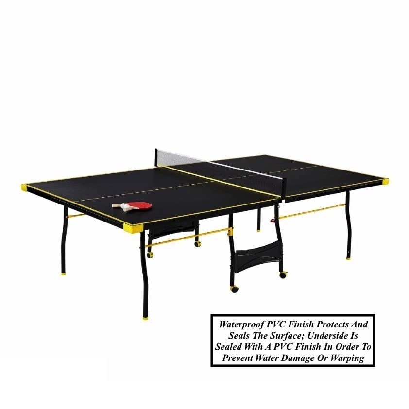 Black Yellow Folding Rolling Table Tennis Table Indoor Ping Pong Table with 2 Paddles 2 Balls 1 Net and Post Set 4 Wheels for Easy Movement Perfect Christmas New Year Holiday Season Gifts