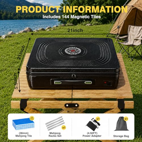 Portable Automatic Mahjong Table, Hand-held Mini-Mahjong, Automatic Mahjong, Foldable Mahjong Table w/American&Chinese -Style Magnetic Tiles, for Outdoor & Home Fun (Black) - color: B-black& American and Chinese Mahjong Tiles
