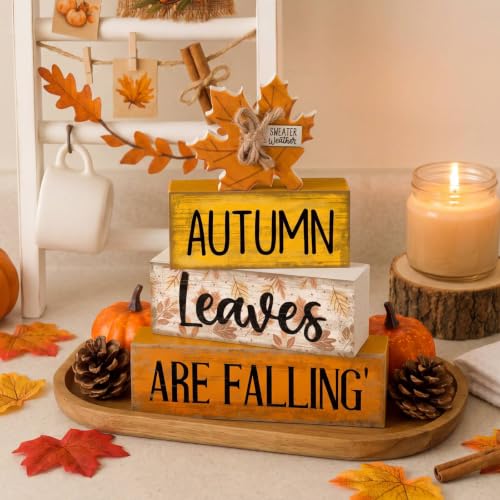 Lineshading 4 Pcs Fall Decoration for Home Wooden Maple Leaf Thanksgiving Table Centerpiece Rustic Thanksgiving Tiered Tray Decor Decorative Autumn Leaves Block Sign Farmhouse Autumn Decor for Kitchen - style: Autumn Leaves