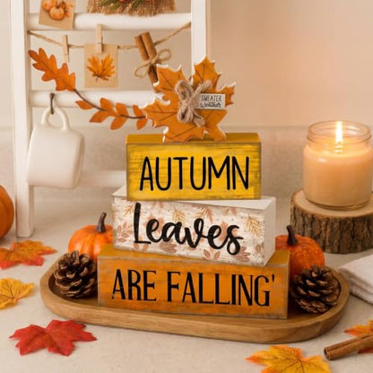 Lineshading 4 Pcs Fall Decoration for Home Wooden Maple Leaf Thanksgiving Table Centerpiece Rustic Thanksgiving Tiered Tray Decor Decorative Autumn Leaves Block Sign Farmhouse Autumn Decor for Kitchen - style: Autumn Leaves