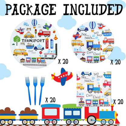 Transportation Party Supplies - Theme Birthday Party Tableware Set with Plates, Napkins, and Forks - style: Transportation