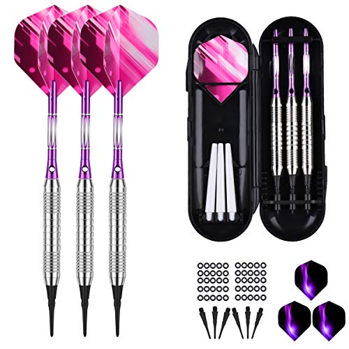Darts Plastic Tip Set - 18g 21g Colorful Rainbow Soft Tip Darts 50 Anti-Loose O-Rings 6 Shaft (Aluminum/Nylon 45mm) 6 Durable Flights Extra 50 Soft Tips Electronic Dartboard - color: A-TYPE-PURPLE