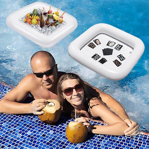 2 PCS Floating Pool Game Table with Waterproof Playing Cards for Summer Pool Party，Inflatable Ice Drink Cooler Serving Tray Bar for Pool Beach Outdoor Picnic Birthday Party Supplies