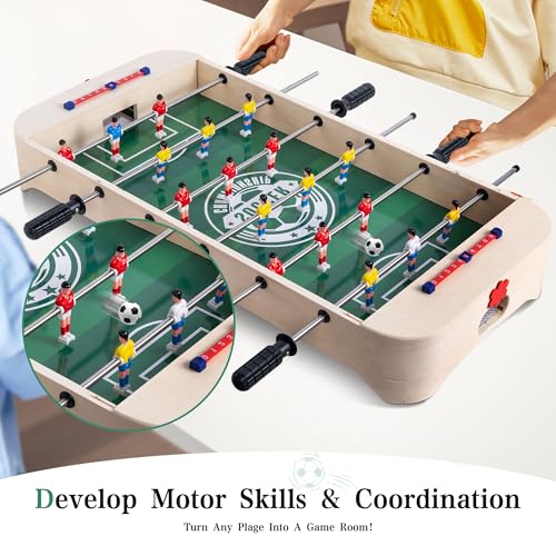 28 Inch Tabletop Foosball Table, Portable Wooden Soccer Game Set with Non-Slip Base, Ergonomic Handles for Kids and Adults, Indoor Family Game Night & Birthday Gift