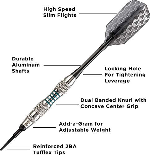 Viper by GLD Products Bobcat Adjustable Weight Soft Tip Darts with Storage/Travel Case - size: 16 Grams (Adjustable to 18 and 19 Grams), style: Nickel Silver Plated with Light Blue Rings